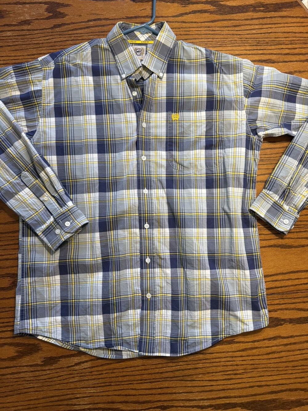 Cinch Mens Plaid Button Down Western Grey Yellow Shirt Size M